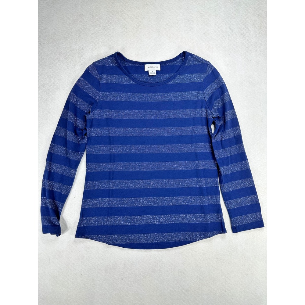 Liz Claiborne Womens Blue Silver Metallic Striped Long Sleeve Top Small